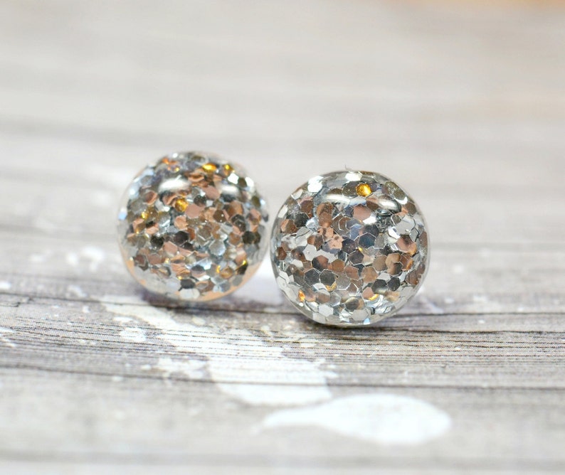 Silver Glitter Earrings, Sparkly Studs, Metallic Silver Party Jewelry, Christmas Jewelry, New Years Eve Parties, Holiday Gift Ideas image 1