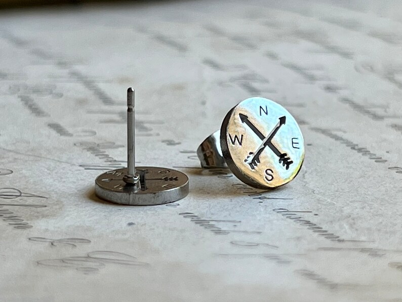 Compass Earrings, Wanderlust Jewelry, Travel Gifts, Stainless Steel Studs image 3