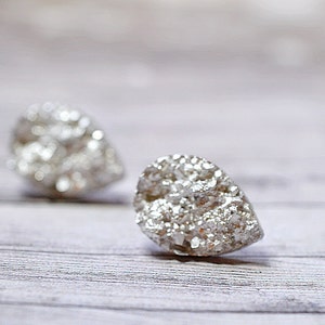 Silver Druzy Earrings, Teardrop Druzy Studs, Metallic Silver Faux Drusy, Stainless Steel Studs, Sparkly Jewelry, Silver Teardrops