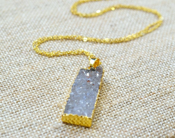 Lavender Druzy Necklace, Gold Dipped Gemstone Necklace, Long