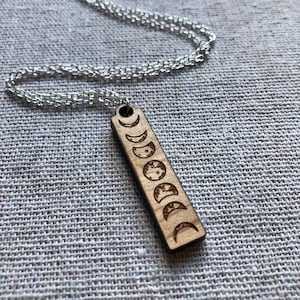 Wood Moon Phases Necklace, Wooden Vertical Bar Necklace, Moon Cycle Pendant Necklace, Celestial Jewelry Laser Cut Wood Sustainable Jewelry