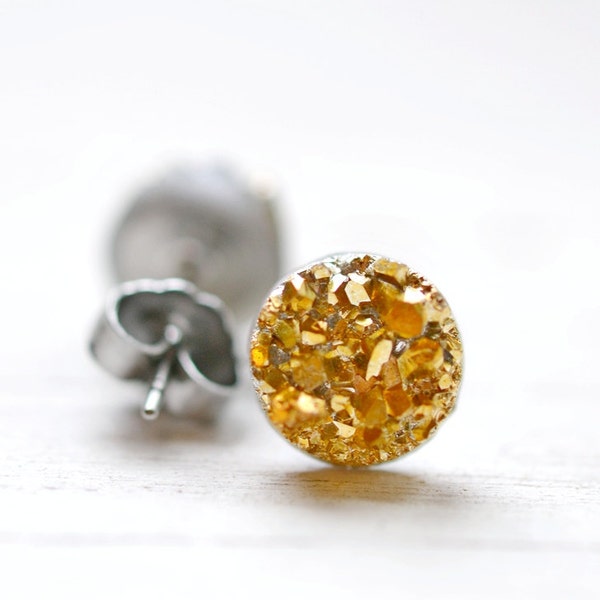 Tiny Gold Druzy Earrings, 8mm Round Druzy Earrings, Yellow Gold Metallic Glitter Faux Drusy Posts Glittering Gold Stainless Steel Studs