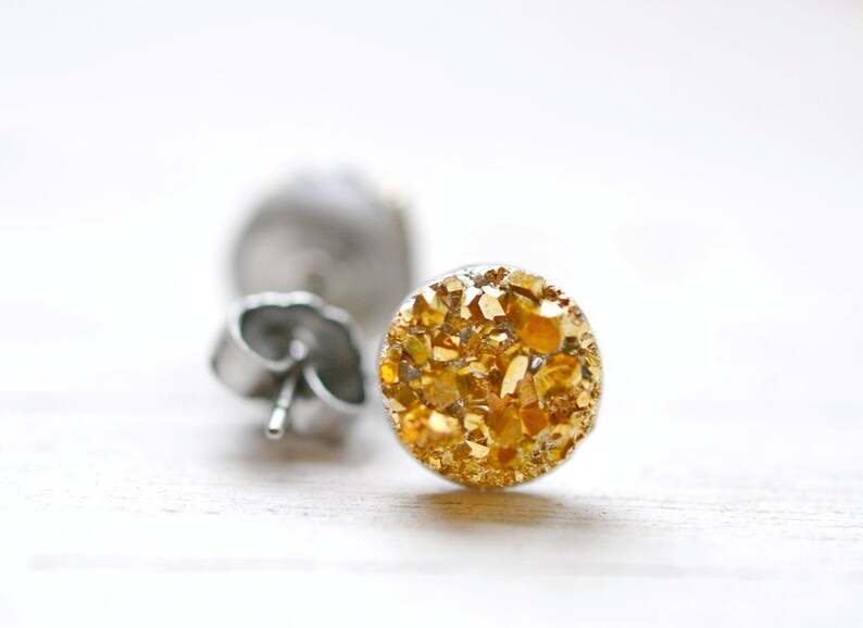 Tiny Gold Druzy Earrings, 8mm Round Druzy Earrings, Yellow Gold Metallic Glitter Faux Drusy Posts Glittering Gold Stainless Steel Studs image 1