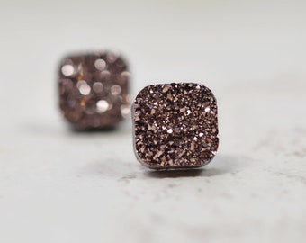 Sparkly Rose Gold Earrings, Dark Rose Gold Druzy Earrings, 10mm Square Faux Druzy, Metallic Gold Posts, Geometric Jewelry