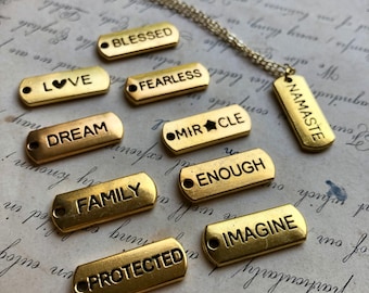 Gold Mantra Necklace, Gold Inspirational Word Necklace, Tiny Stamped Dog Tag Charm Jewelry