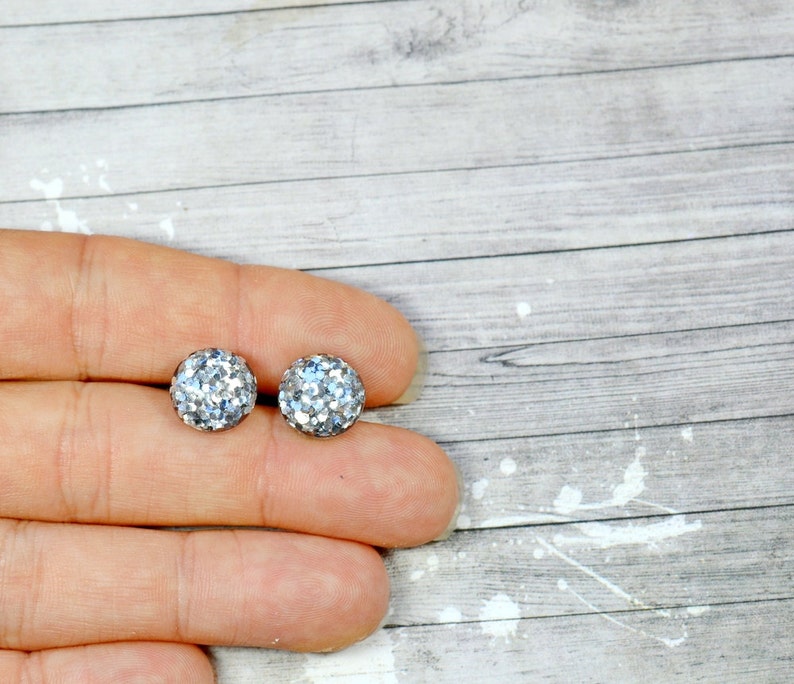 Silver Glitter Earrings, Sparkly Studs, Metallic Silver Party Jewelry, Christmas Jewelry, New Years Eve Parties, Holiday Gift Ideas image 4
