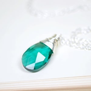 Teal Necklace, Peacock Green and Silver Wire Wrap Necklace, Teal Jewel Pendant, Teal Green Crystal, Silver Necklace Blue Green Under the Sea