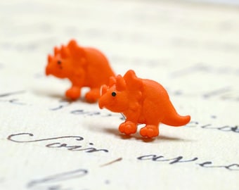 Orange Dinosaur Earrings, Triceratops Cute Dino Jewelry, Posts on Stainless Steel, Sensitive Ears Jurassic Orange Studs