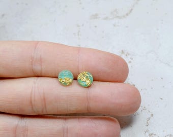 Tiny Mint Green and Gold Flake 8mm Stud Earrings, Simple Jewelry, Minimal Earrings, Light Plastic Studs, Checkerboard Cut Posts