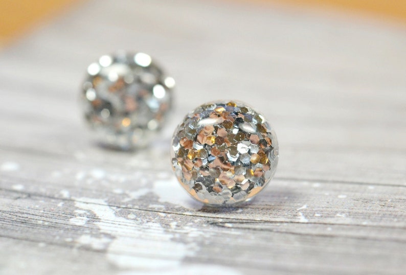 Silver Glitter Earrings, Sparkly Studs, Metallic Silver Party Jewelry, Christmas Jewelry, New Years Eve Parties, Holiday Gift Ideas image 3