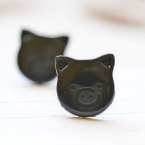 Black Pig Earrings, Cute Piggies Farm Animal Lovers, Farmhouse Chic Rustic Jet Black Piglets Vegan Jewelry, This Little Piggy image 1