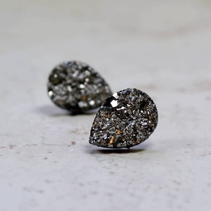 Gray Teardrop Druzy Earrings, 14mm Gunmetal Gray Metallic Glitter Faux Drusy Glittering Stainless Steel Studs