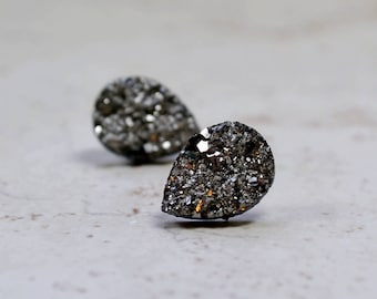 Gray Teardrop Druzy Earrings, 14mm Gunmetal Gray Metallic Glitter Faux Drusy Glittering Stainless Steel Studs