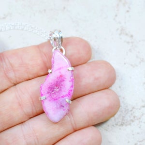 Chunky Pink Gemstone Necklace, Hot Pink Druzy Pendant, Pink Solar Quartz Slice, Gemstone Pendant Silver Prong Setting, Sterling Chain