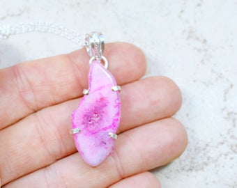 Chunky Pink Gemstone Necklace, Hot Pink Druzy Pendant, Pink Solar Quartz Slice, Gemstone Pendant Silver Prong Setting, Sterling Chain