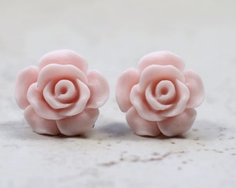 Pink Rose Earrings, Cottage Chic Vintage Style, Pale Pink Boho Chic Studs Plant Lovers Garden Gift Ideas