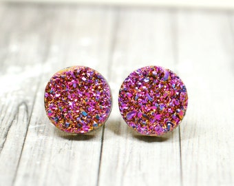 Magenta Sparkly Druzy Crystal Earrings, 12mm Dark Pink Faux Druzy Cabochons Stainless Steel, Geometric Galaxy Inspired Posts Circle Studs