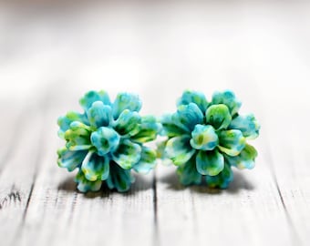 Teal Dahlia Earrings, Blue Green Watercolor Flower Earrings, Turquoise Blue Dahlia Blossoms, Botanical Jewelry, Speckled Floral Jewelry