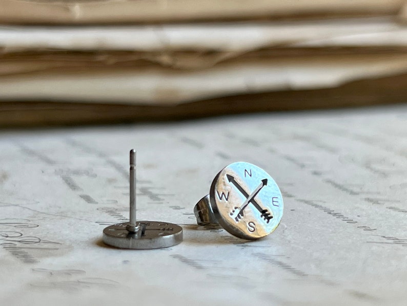 Compass Earrings, Wanderlust Jewelry, Travel Gifts, Stainless Steel Studs image 1