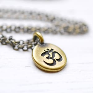 Bronze Om Necklace, Antiqued Brass Charm Necklace, Meditation Jewelry, Ohm Pendant, Antique Spiritual Yoga Jewelry, Buddhist Necklace