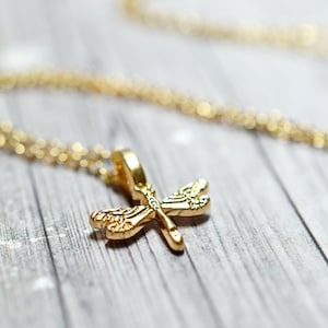 Tiny Gold Dragonfly Necklace, Small Golden Dragonfly Charm, Whimsical Boho Jewelry, Lucky Charm Necklace