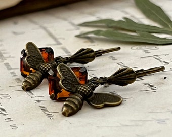Bee Earrings, Topaz Drops, Antique Jewelry, Estate Style Earrings, Honey Bee Charms