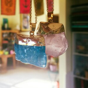 Chunky Quartz Necklace, Gold Plated Gemstone Pendant, Gold Dipped Stone Necklace, Rock Quartz Pendant Choice of Pink or Blue Quartz Necklace