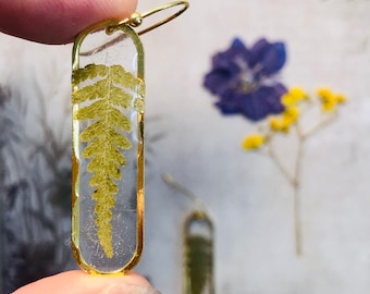 Real Fern Earrings, Pressed Fern Botanical Jewelry, Resin Leaf Earrings, Dried Leaf Dangles, Cottagecore Jewelry