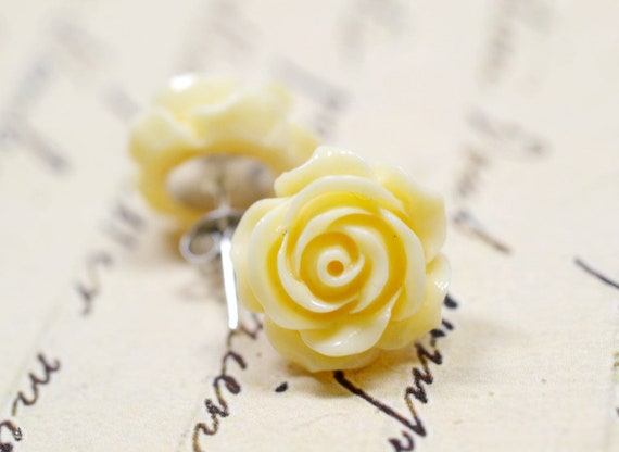 Ivory Rose Earrings, Large Cabbage Roses, Retro Jewelry, Cottagecore Jewelry