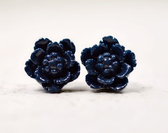 Navy Peony Earrings, Navy Blue Flowers, Dark Blue Blossoms Stainless Steel Studs, Hypoallergenic Earrings, Botanical Jewelry