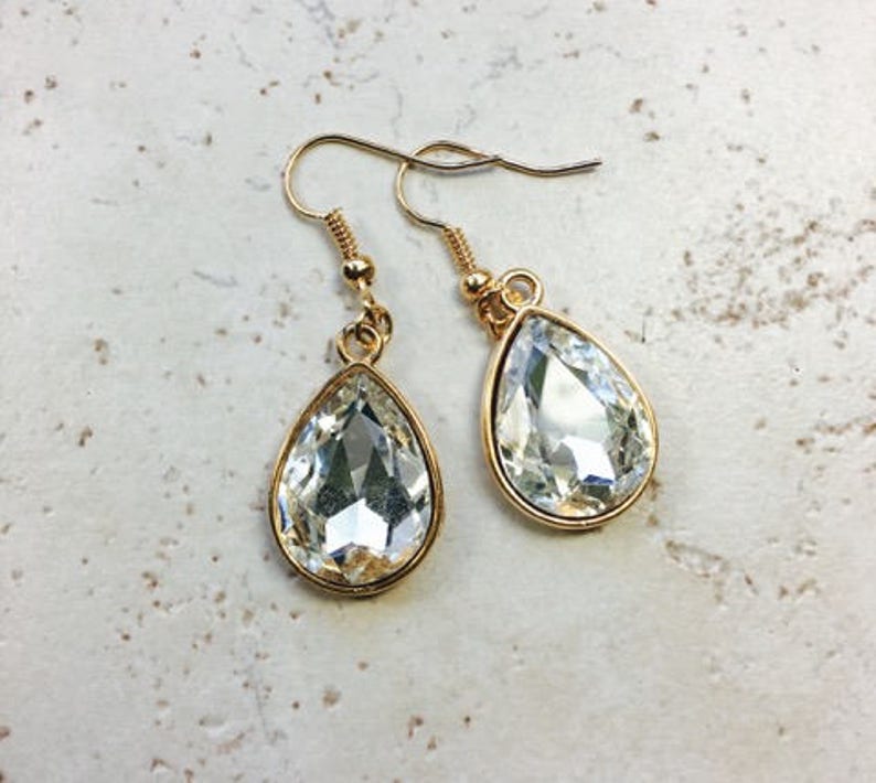 White Rhinestone Teardrops Gold Dangles Faux Diamond Style Jewel Old Hollywood Estate Style Jewelry White Crystal Earrings