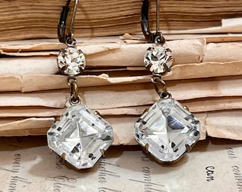 White Rhinestone Earrings, Square Emerald Cut Stones, Asscher Cut Crystal Clear Vintage Rhinestone Jewelry