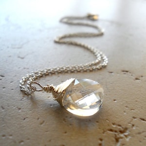 White Crystal Necklace, White Diamond Swarovski Crystal Pendant, April Birthstone Necklace Shiny Sterling Silver Wire Wrap Swarovski Jewelry