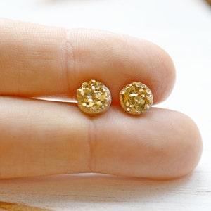 Tiny Gold Druzy Earrings, 8mm Round Druzy Earrings, Yellow Gold Metallic Glitter Faux Drusy Posts Glittering Gold Stainless Steel Studs image 3