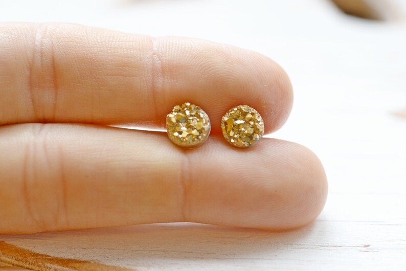 Tiny Gold Druzy Earrings, 8mm Round Druzy Earrings, Yellow Gold Metallic Glitter Faux Drusy Posts Glittering Gold Stainless Steel Studs image 3