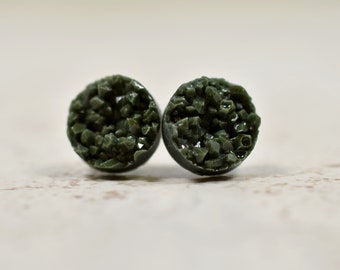Dark Green Druzy Earrings, 10mm Juniper Green Earring, Evergreen, Stainless Steel Posts