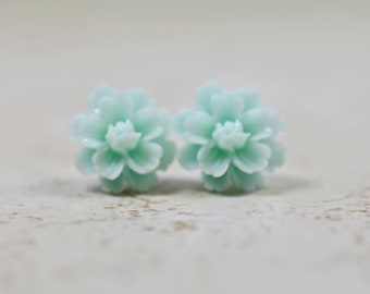 Mint Dahlia Earrings, Mint Blue Flower Earrings, Dahlia Blossoms, Botanical Jewelry, Icy Blue Floral Jewelry