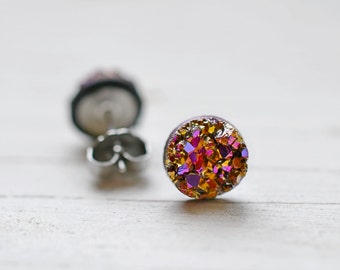 Tiny Magenta Gold Druzy Earrings, 8mm Round Druzy Earrings, Metallic Glitter Faux Drusy Posts Glittering Gold Stainless Steel Studs,