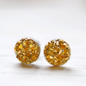 Tiny Gold Druzy Earrings, 8mm Round Druzy Earrings, Yellow Gold Metallic Glitter Faux Drusy Posts Glittering Gold Stainless Steel Studs image 2