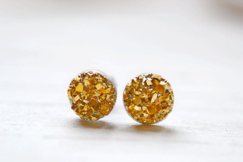 Tiny Gold Druzy Earrings, 8mm Round Druzy Earrings, Yellow Gold Metallic Glitter Faux Drusy Posts Glittering Gold Stainless Steel Studs image 2