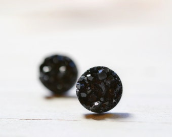 Tiny Black Druzy Earrings, 8mm Round Druzy Earrings, Metallic Glitter Faux Drusy Posts Glittering Black Stainless Steel Studs
