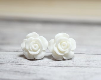 White Rose Earrings, Cottage Chic Vintage Style, White Boho Chic Studs Plant Lovers Garden Gifts, Classic White