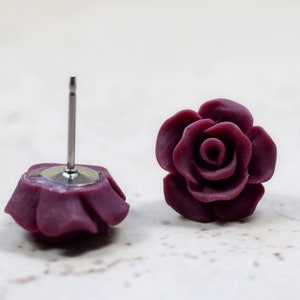 Burgundy Rose Earrings, Cottage Chic Vintage Style, Dark Wine Maroon Boho Chic Studs Plant Lovers Garden Gift Ideas image 3