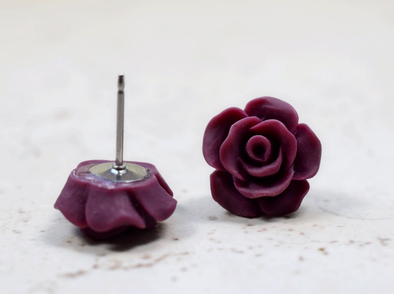 Burgundy Rose Earrings, Cottage Chic Vintage Style, Dark Wine Maroon Boho Chic Studs Plant Lovers Garden Gift Ideas image 3