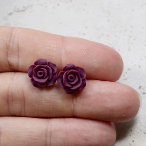 Burgundy Rose Earrings, Cottage Chic Vintage Style, Dark Wine Maroon Boho Chic Studs Plant Lovers Garden Gift Ideas image 4