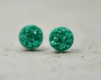 Emerald Green Druzy Earrings, Tropical Green Tiny Studs, Teal Green, Jade Lush Greenery, Small Studs, Faux Druzy Jewelry, 8mm Size