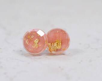 Tiny Coral and Gold Flake 8mm Stud Earrings, Simple Jewelry, Minimal Earrings, Peach Plastic Studs, Checkerboard Cut Post Earrings