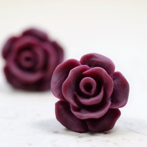 Burgundy Rose Earrings, Cottage Chic Vintage Style, Dark Wine Maroon Boho Chic Studs Plant Lovers Garden Gift Ideas