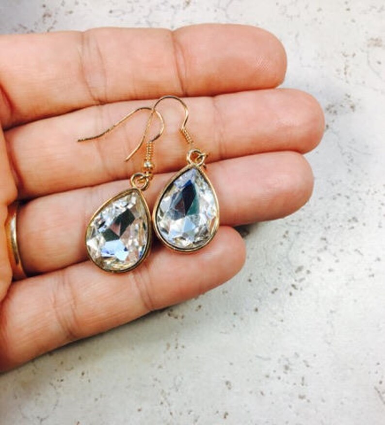 White Rhinestone Teardrops Gold Dangles Faux Diamond Style Jewel Old Hollywood Estate Style Jewelry White Crystal Earrings