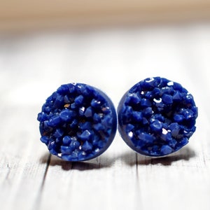 Tiny Indigo Earrings, Dark Blue Druzy Earrings, Sparkly Jewelry, Navy Wedding Jewelry, Navy Blue Studs 8mm Size